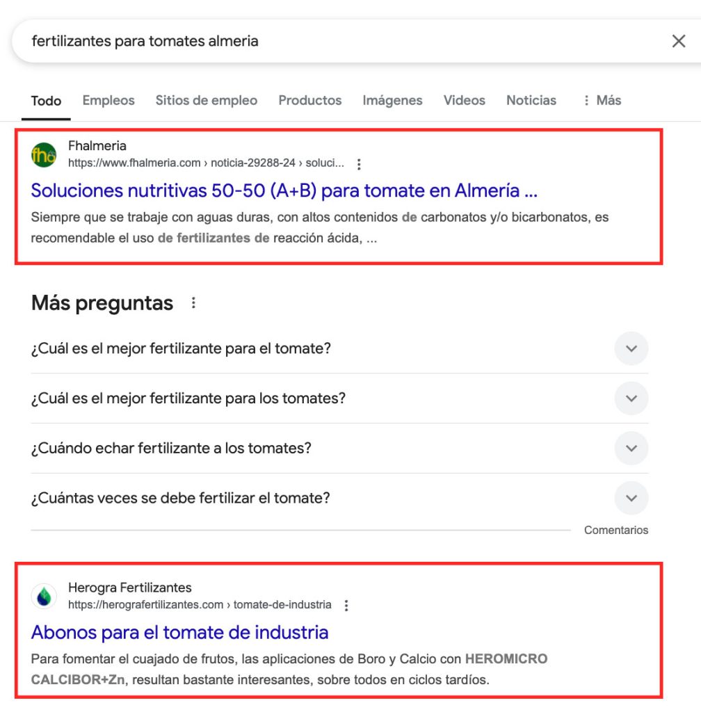 captura de pantalla de los resultados de búsqueda de fertilizantes para tomates almeria
