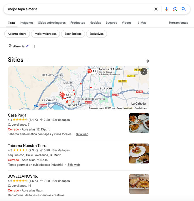 captura de pantalla de una búsqueda de Google con local pack