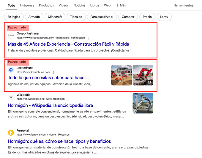captura de pantalla de resultados de google con los anuncios de google ads resaltados